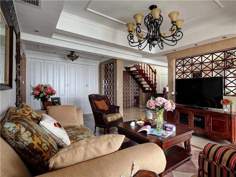 休闲时尚复古美式田园小复式客厅实木装饰图 - 效果图