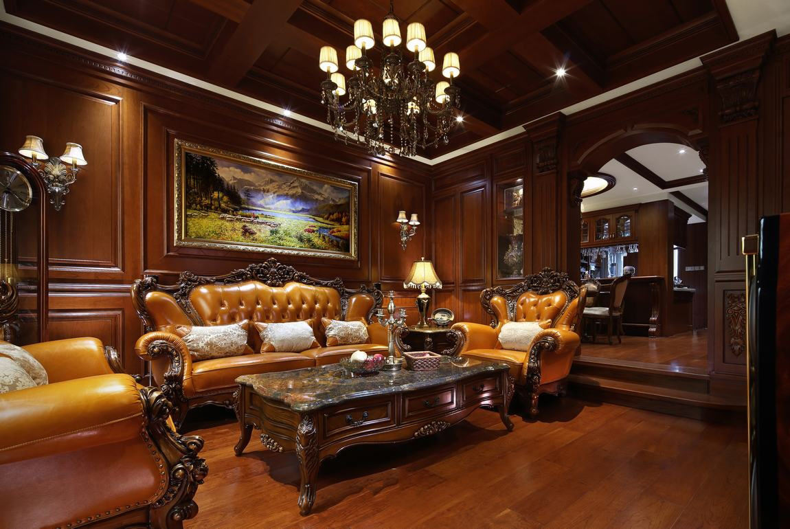 粗犷大气复古美式别墅客厅设计装潢效果图