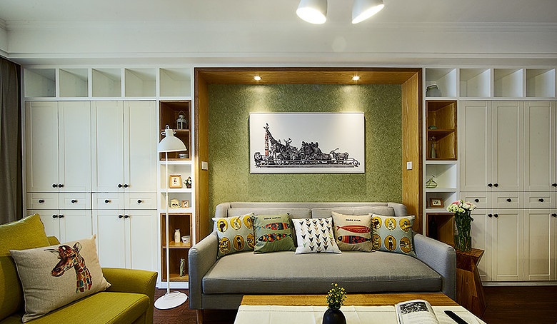 森系北欧风客厅白色展示柜效果图