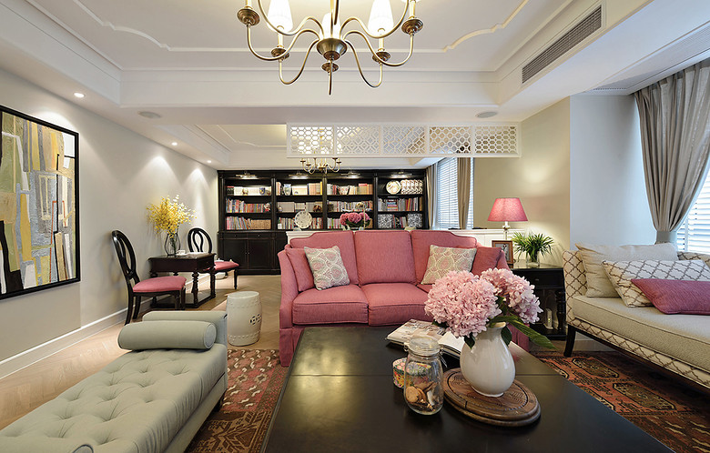 花语自然美式三居室客厅书房装饰效果图