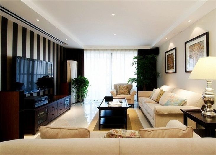 美式复古风客厅竖条纹电视背景墙效果图