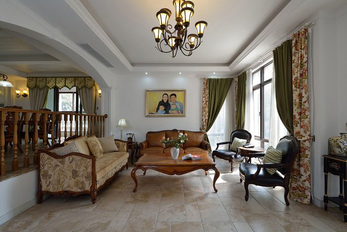 欧式田园风客厅窗帘装饰图 - 效果图