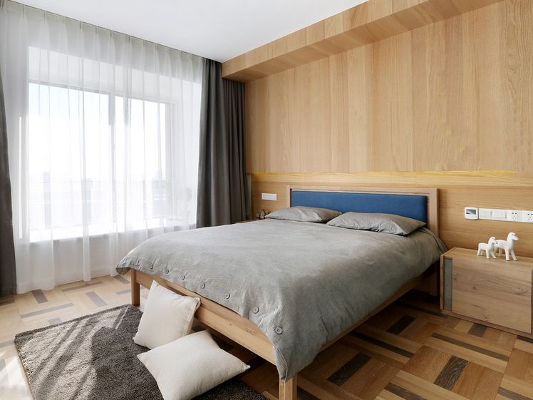 简约舒适宜家风卧室原木背景墙效果图