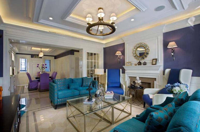 时尚撞色后现代风格客厅沙发背景墙效果图