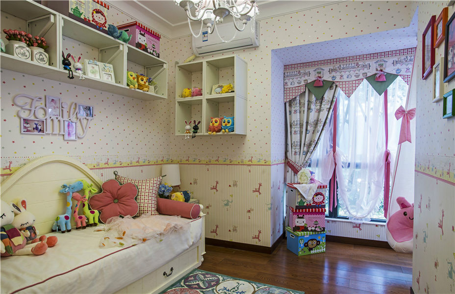 粉色美式田园儿童房储物柜效果图