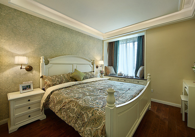 光鲜亮丽美式二居卧室背景墙与软装布置效果图