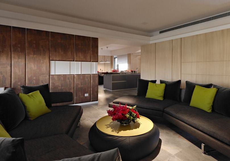 沉稳现代客厅黑色沙发装饰图 - 效果图