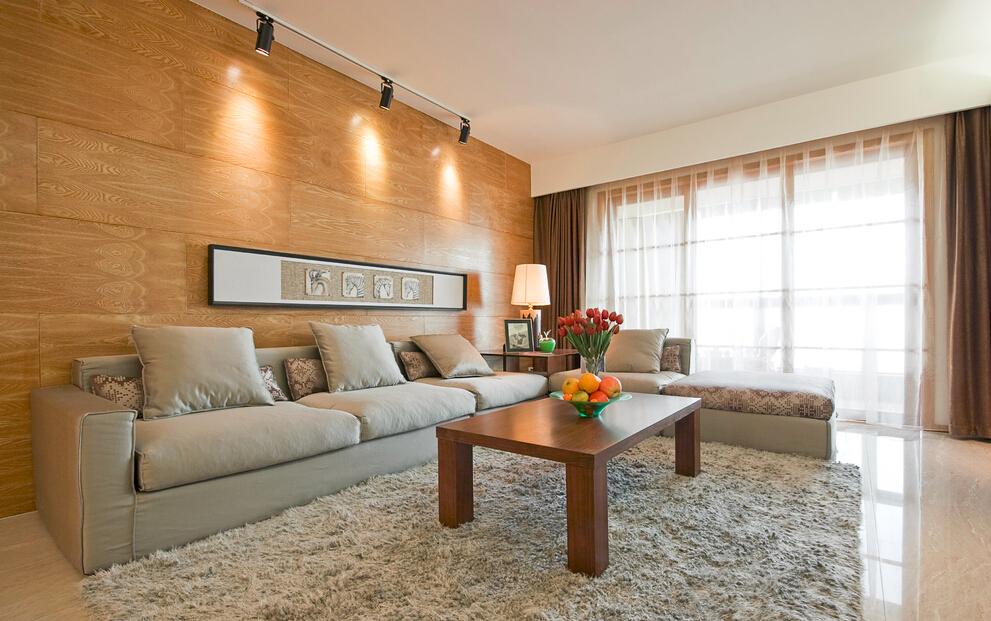 清新唯美简约客厅沙发原木背景墙设计 - 效果图