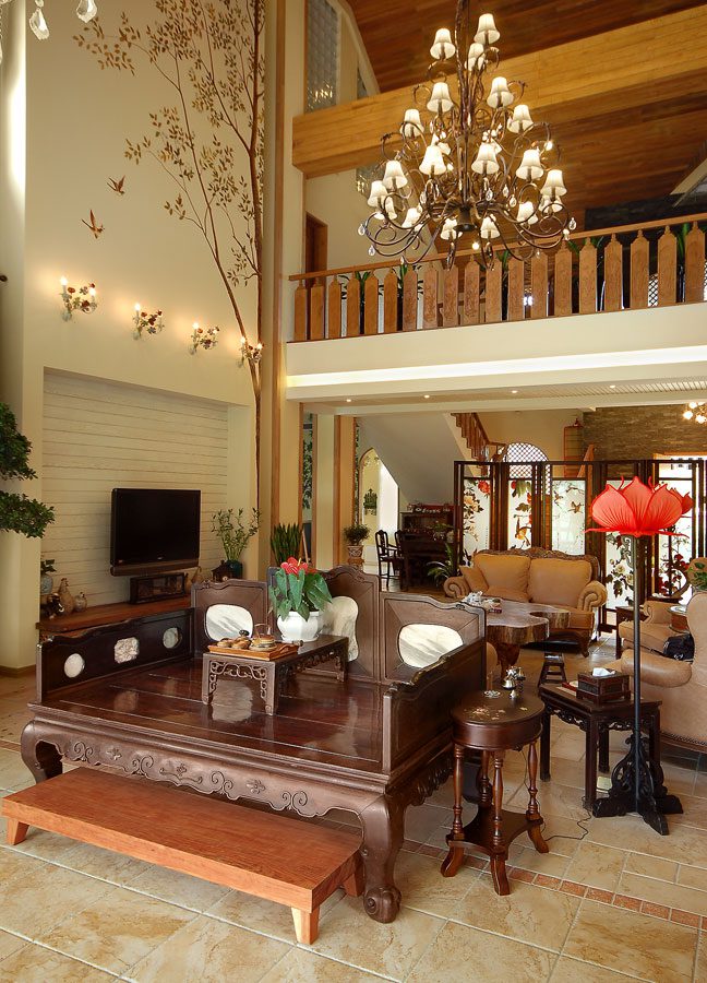 休闲自然风情中式别墅客厅吊灯装饰效果图