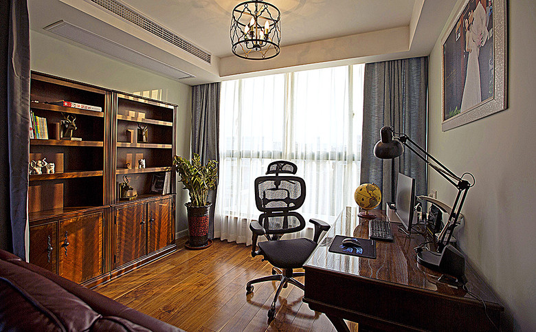 复古美式书房实木隔断设计 - 效果图