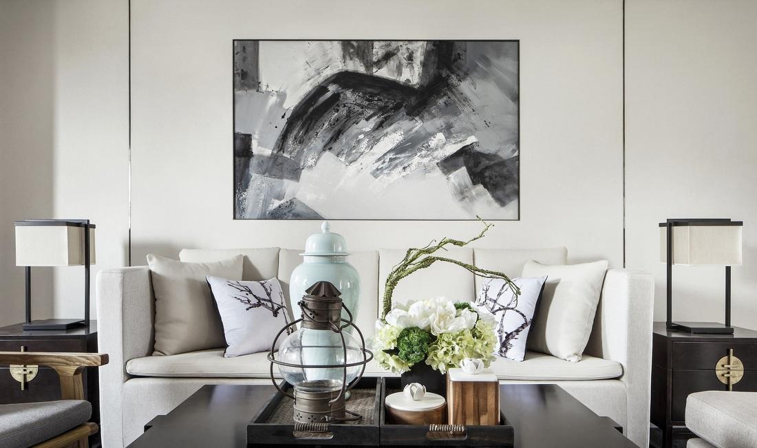 素雅时尚简约中式客厅相片墙壁画效果图