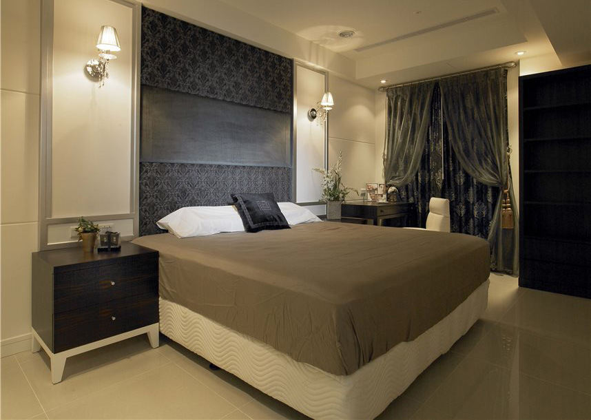 素色简约现代 卧室软包背景墙设计 - 效果图