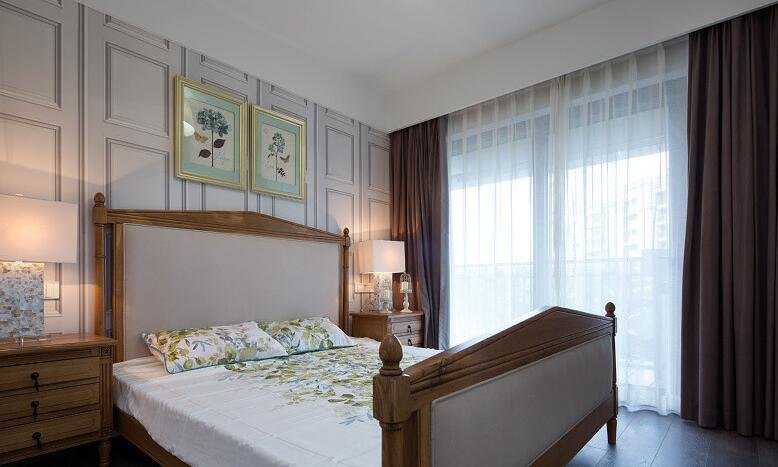 唯美落地窗实木床次卧效果图