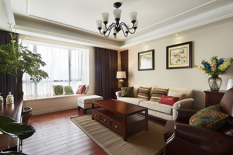 复古美式客厅飘窗设计 - 效果图