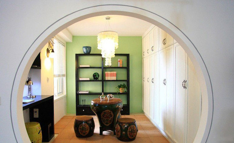 清新浪漫中式庭院风书房拱门隔断设计 - 效果图