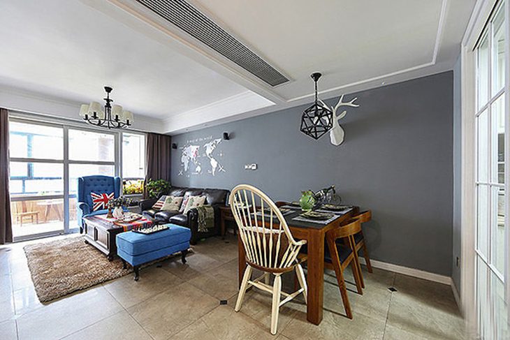 美式混搭风 深灰色客餐厅背景墙设计 - 效果图