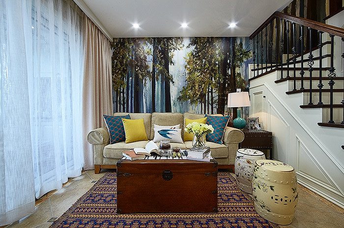 简洁怀旧时尚美式小复式客厅搭配效果图