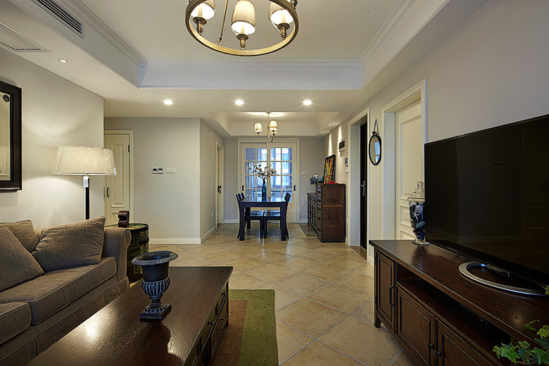 110平米复古文艺美式三居餐厅客厅一体化设计图 - 效果图