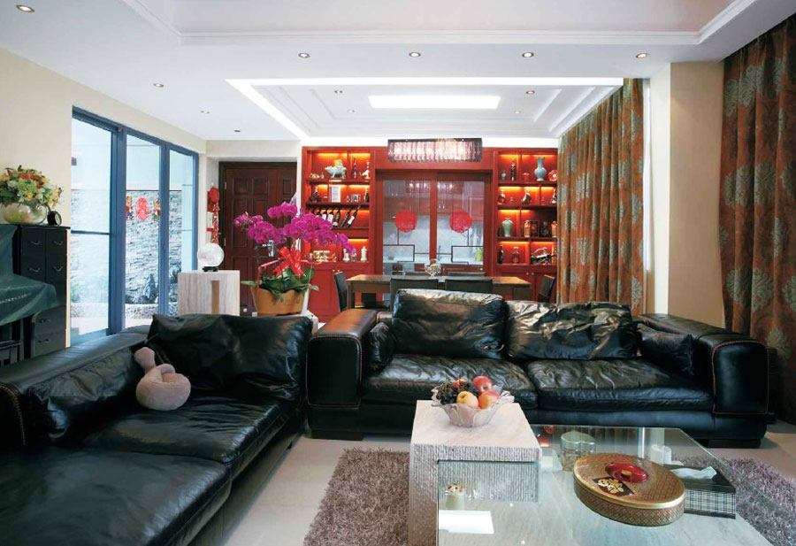 时尚复古混搭三居客厅真皮沙发效果图