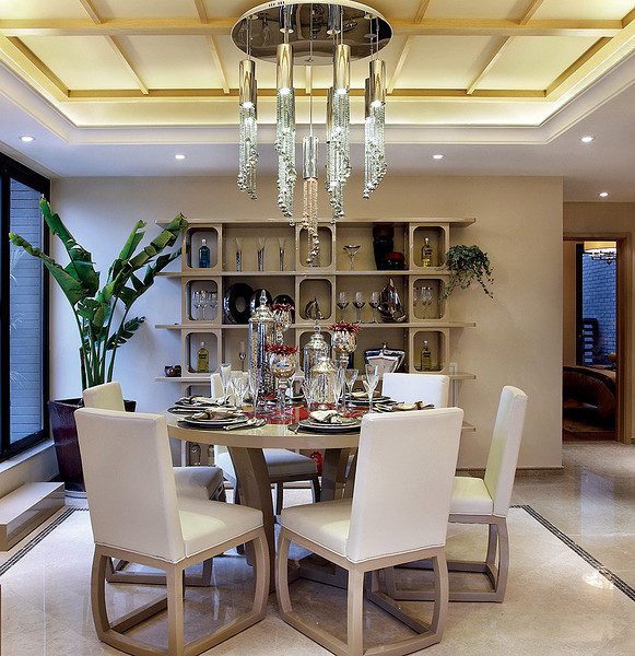 奢华现代餐厅格子吊顶效果图