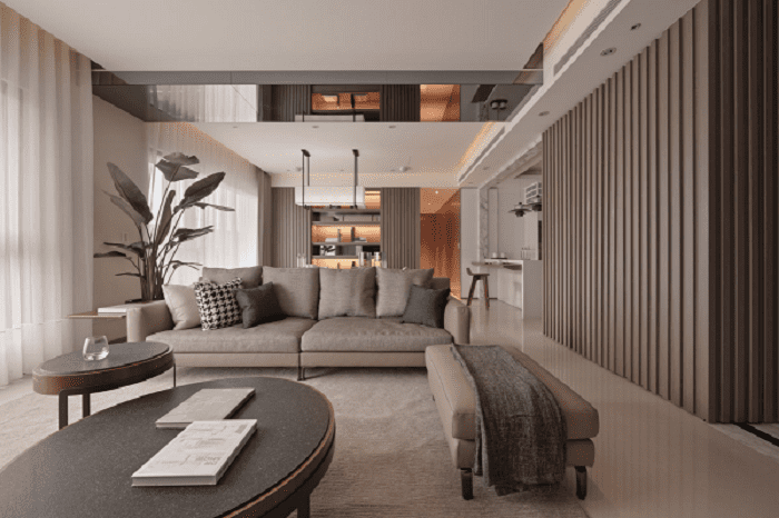 浅咖啡色沉稳时尚现代客厅软装饰效果图