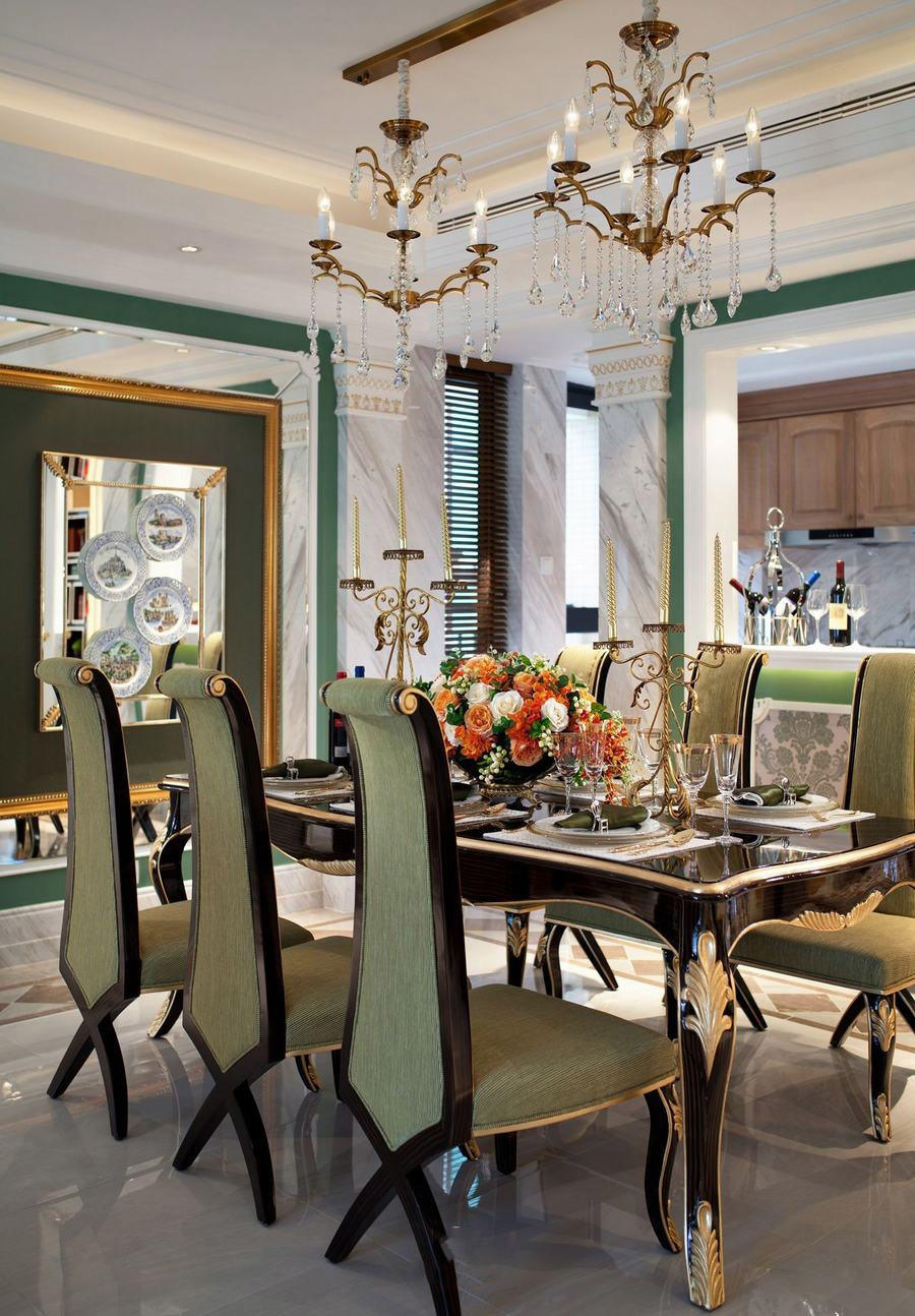 经典绿色豪华欧式风格别墅餐厅金属水晶吊灯装饰图 - 效果图