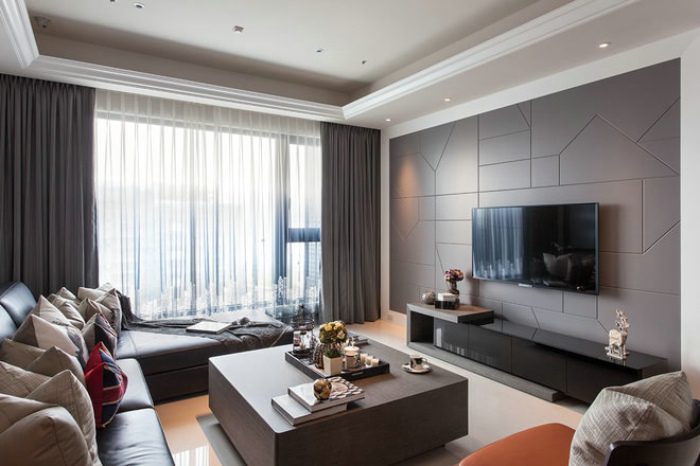 现代美式客厅电视背景墙设计 - 效果图