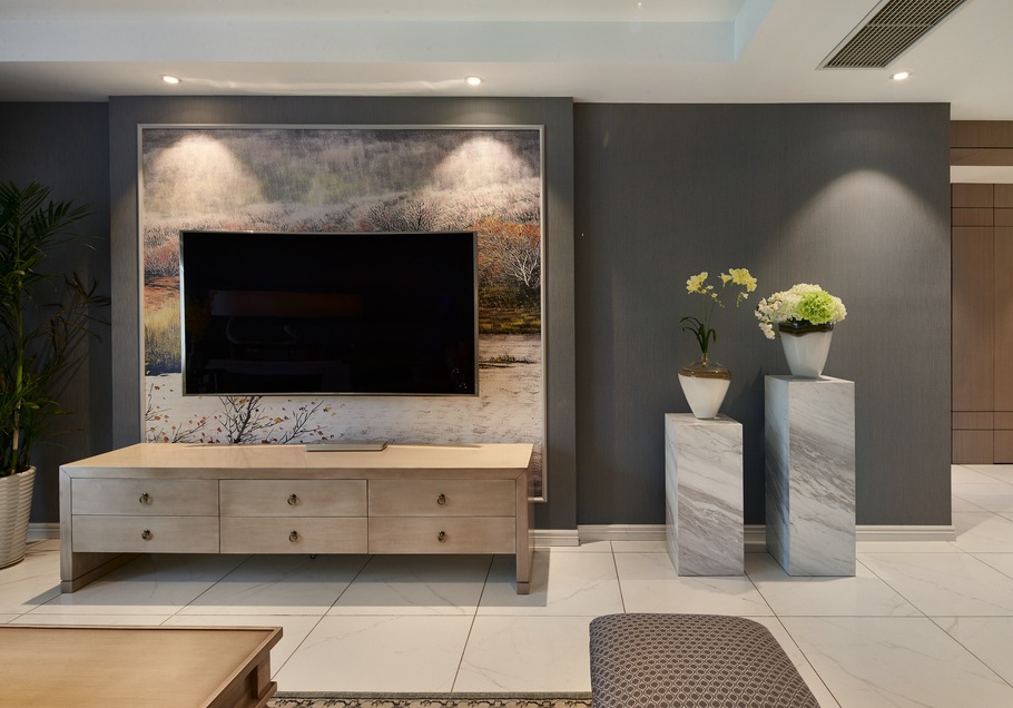 美式复古装修三居室客厅背景墙设计效果图片