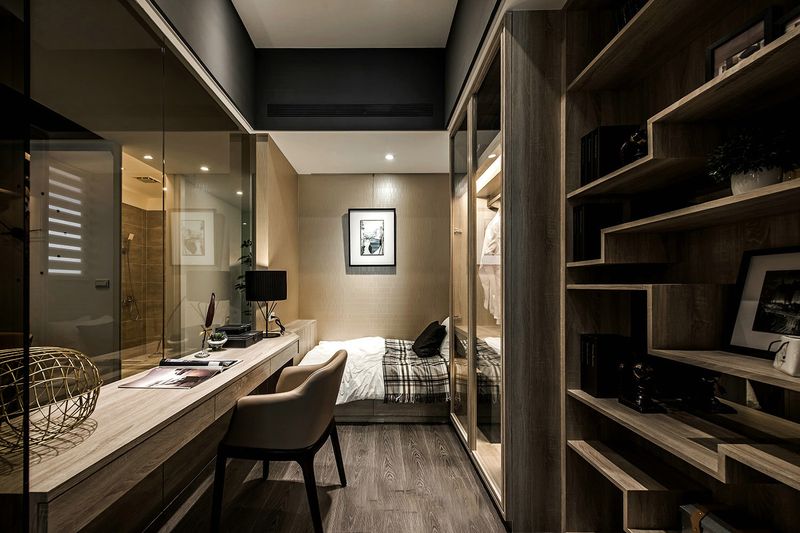 沉稳现代复古公寓书房兼侧卧室装潢案例图 - 效果图