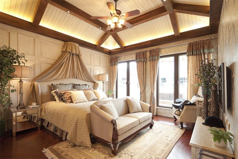 浪漫新古典欧式卧室木式吊顶效果图
