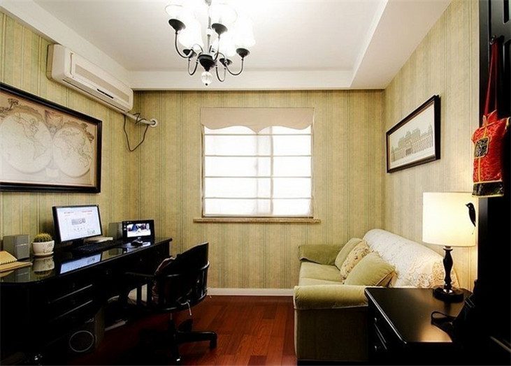 美式复古风书房竖条纹墙纸效果图