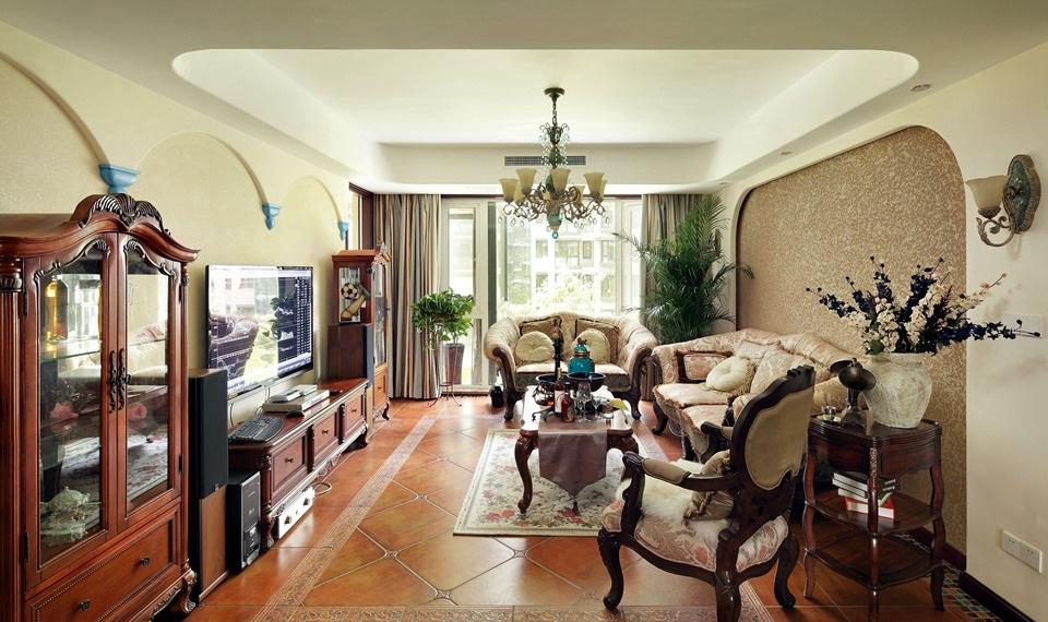 美式复古田园风沙发背景墙效果图