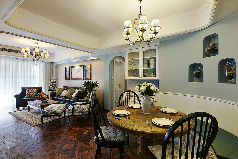 蓝色复古美式餐厅背景墙设计效果图