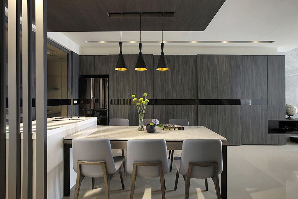 现代家居餐厅黒木背景墙装饰 - 效果图