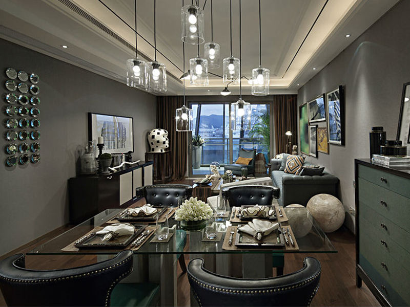 沉稳摩登混搭美式客餐厅一体化效果图