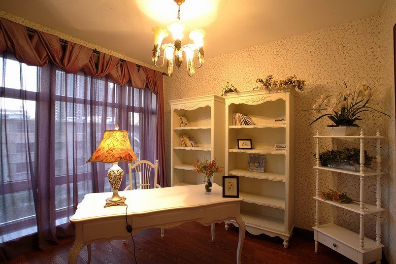 简欧田园书房白色书柜效果图