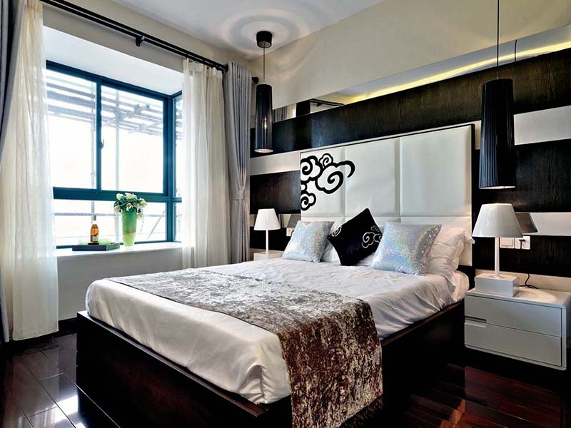 黑白现代简约风卧室软包背景墙 - 效果图