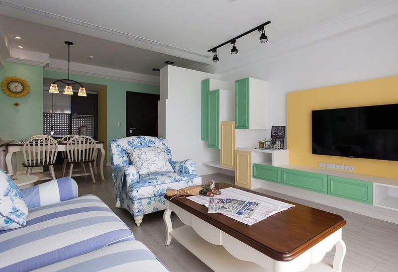 小清新美式田园混搭客餐厅一体效果图