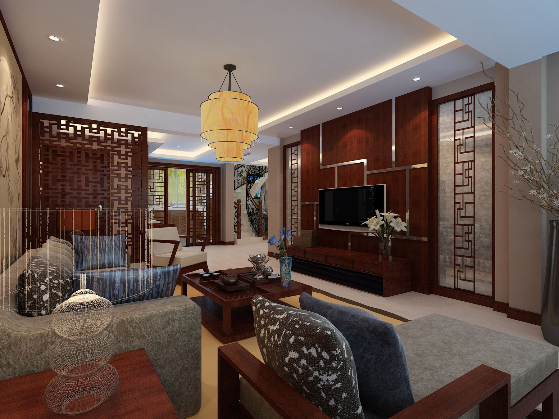 现代中式结合客厅家装图 - 效果图