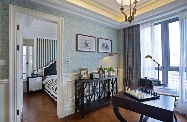 唯美欧式复古风书房背景墙效果图