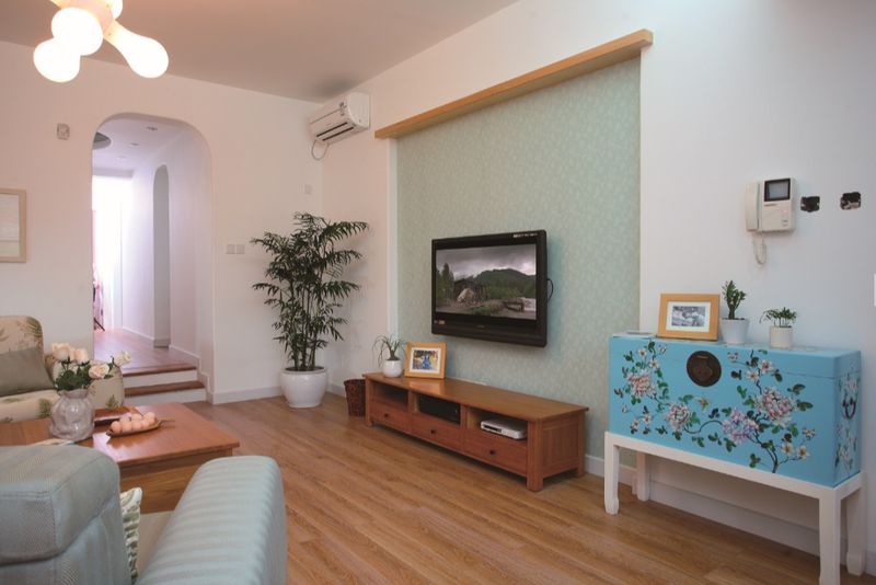 原木田园复古混搭客厅沙发背景墙 - 效果图