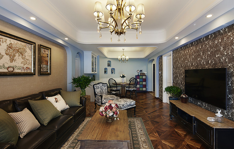 70平混搭复古美式二居隔断吊顶装潢案例 - 效果图