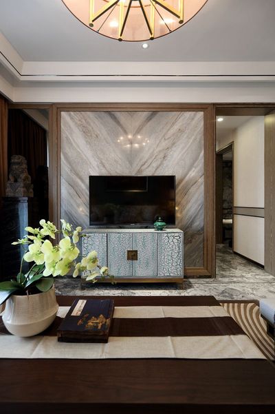 大气新古典风客厅微晶石电视背景墙 - 效果图