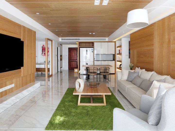 原木简约宜家风格客厅全景效果图