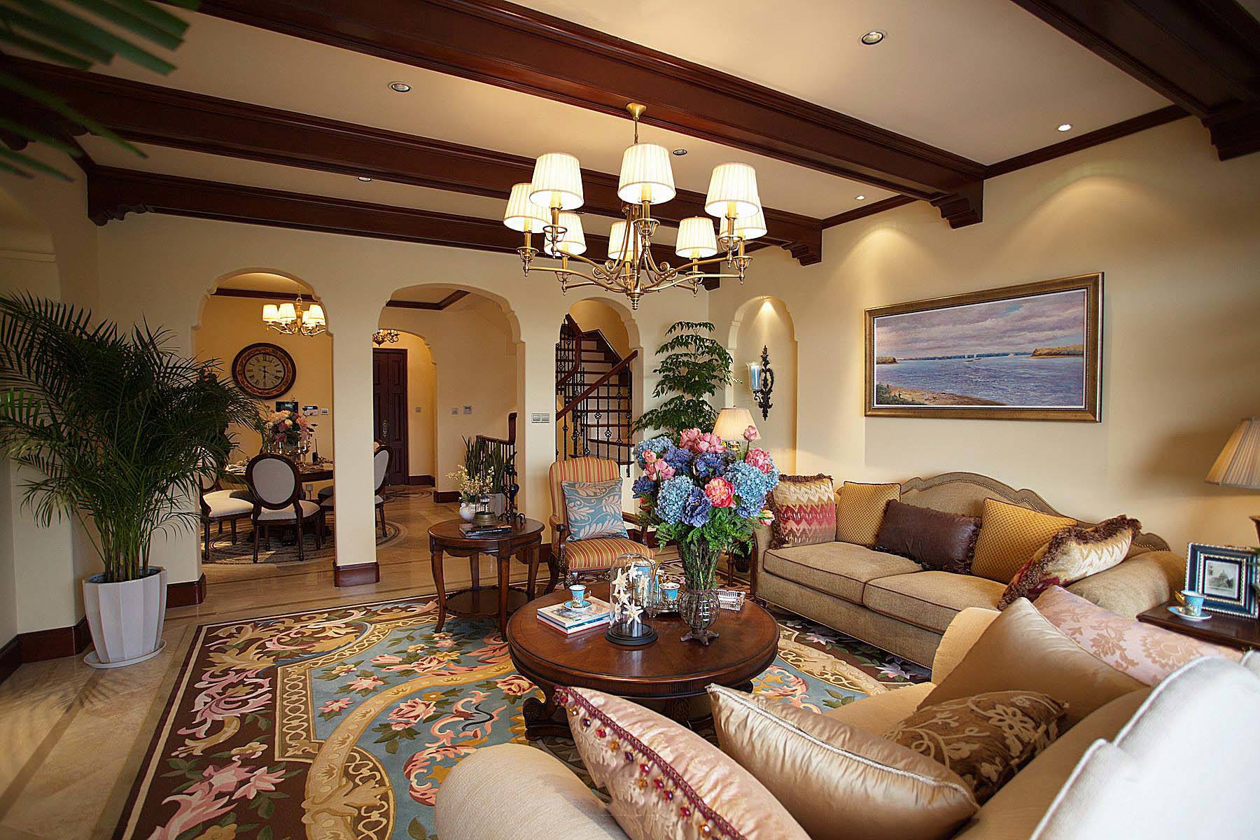 怀旧贵气美式风格客厅吊顶设计 - 效果图