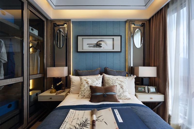 蓝色格调新古典主义卧室背景墙效果图