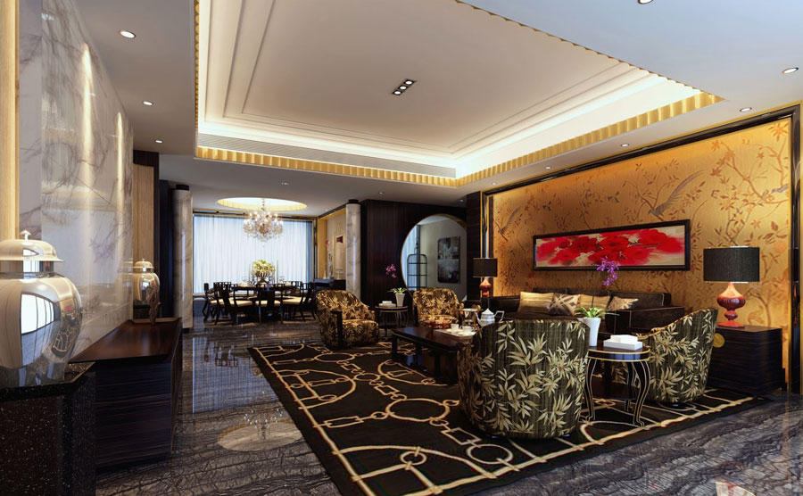 摩登古典新中式风格三居家装吊顶设计美图 - 效果图