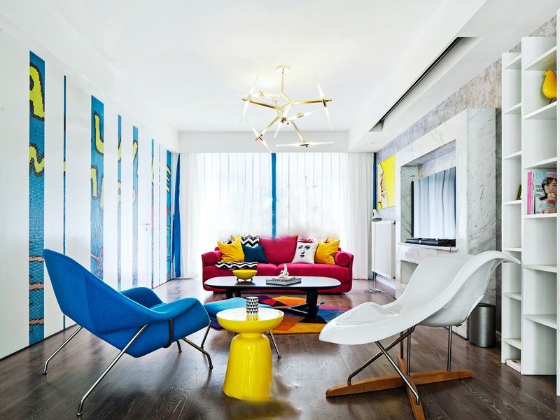 撞色波普风客厅背景墙图片 - 效果图
