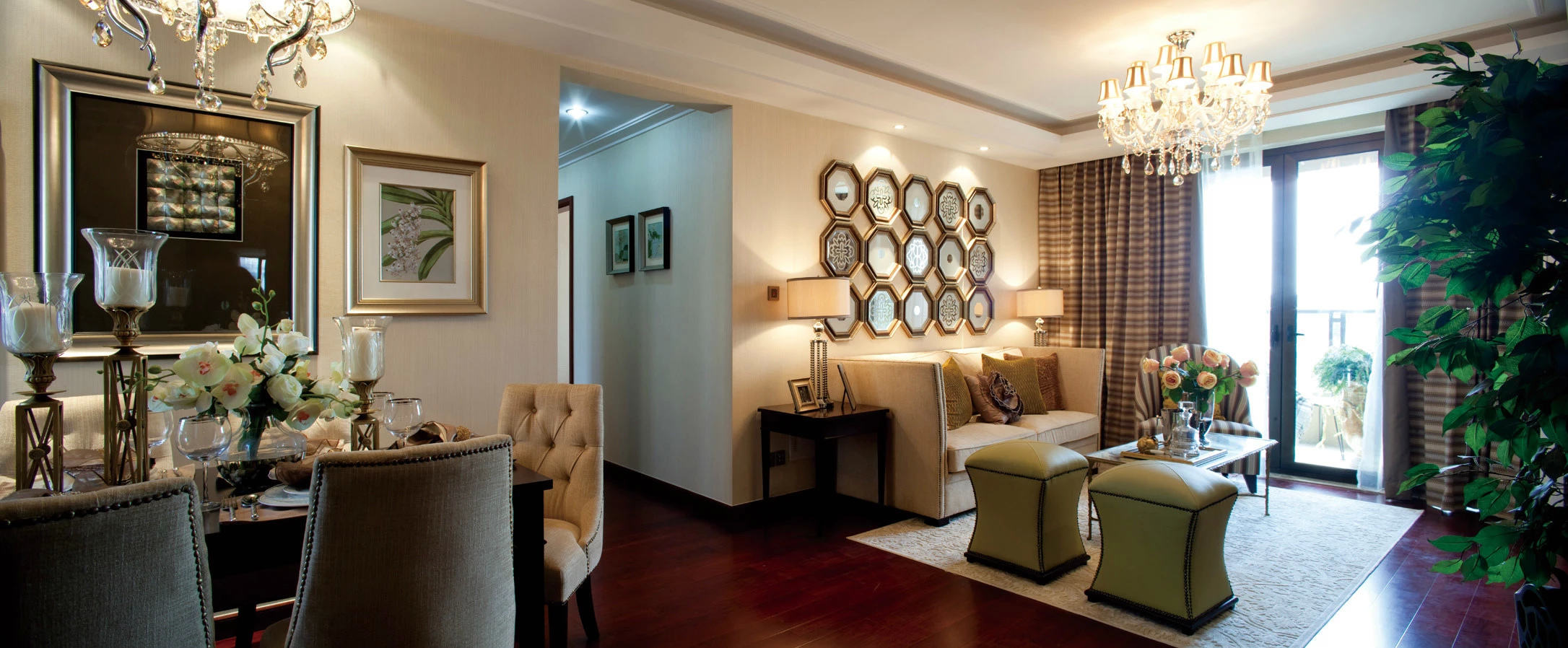 欧式复古风客餐厅一体照片墙效果图