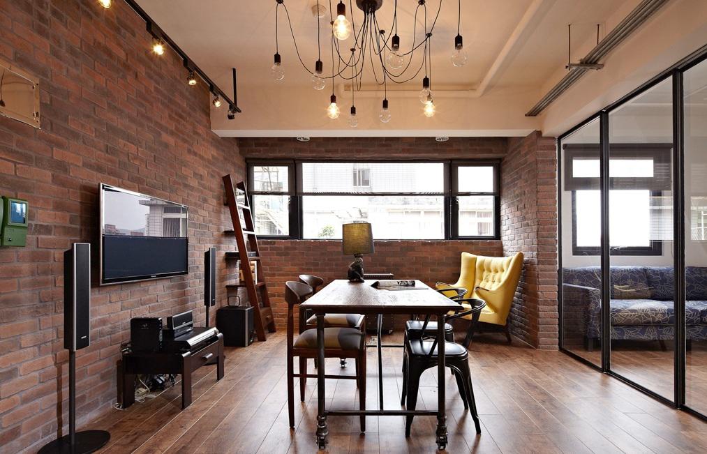 时尚复古现代餐厅红砖背景墙装饰图 - 效果图